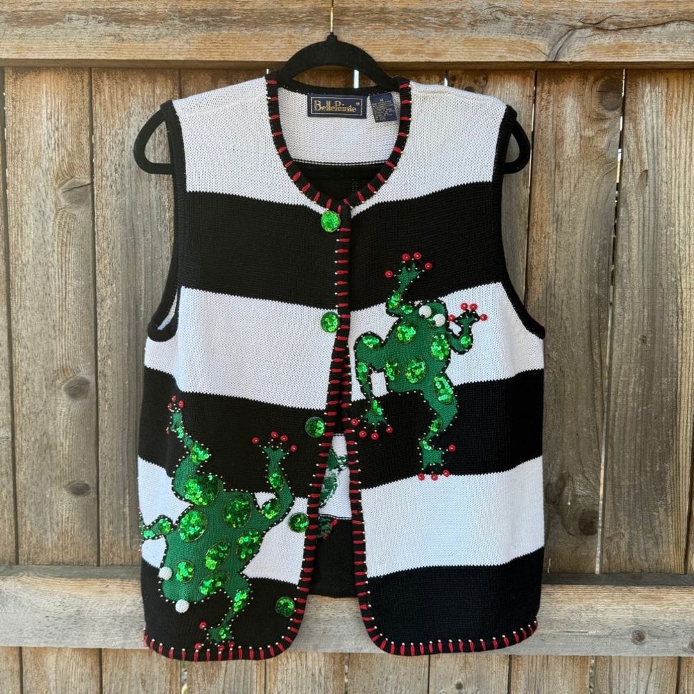 VTG Bellepointe 90s ramie cotton Sweater VEST size medium sequin frog stripe